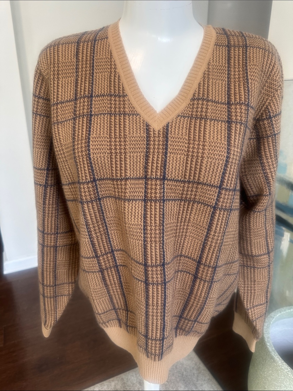 Lands End Plaid V-Neck Cashmere WMNS Sweater M